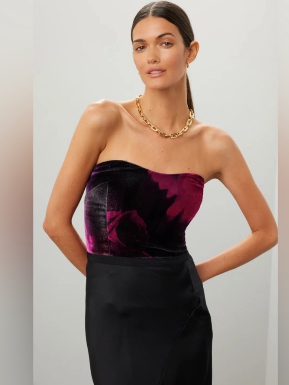 Retrofete Nat Strapless Velvet Bustier in Plum and Black ❤️❤️